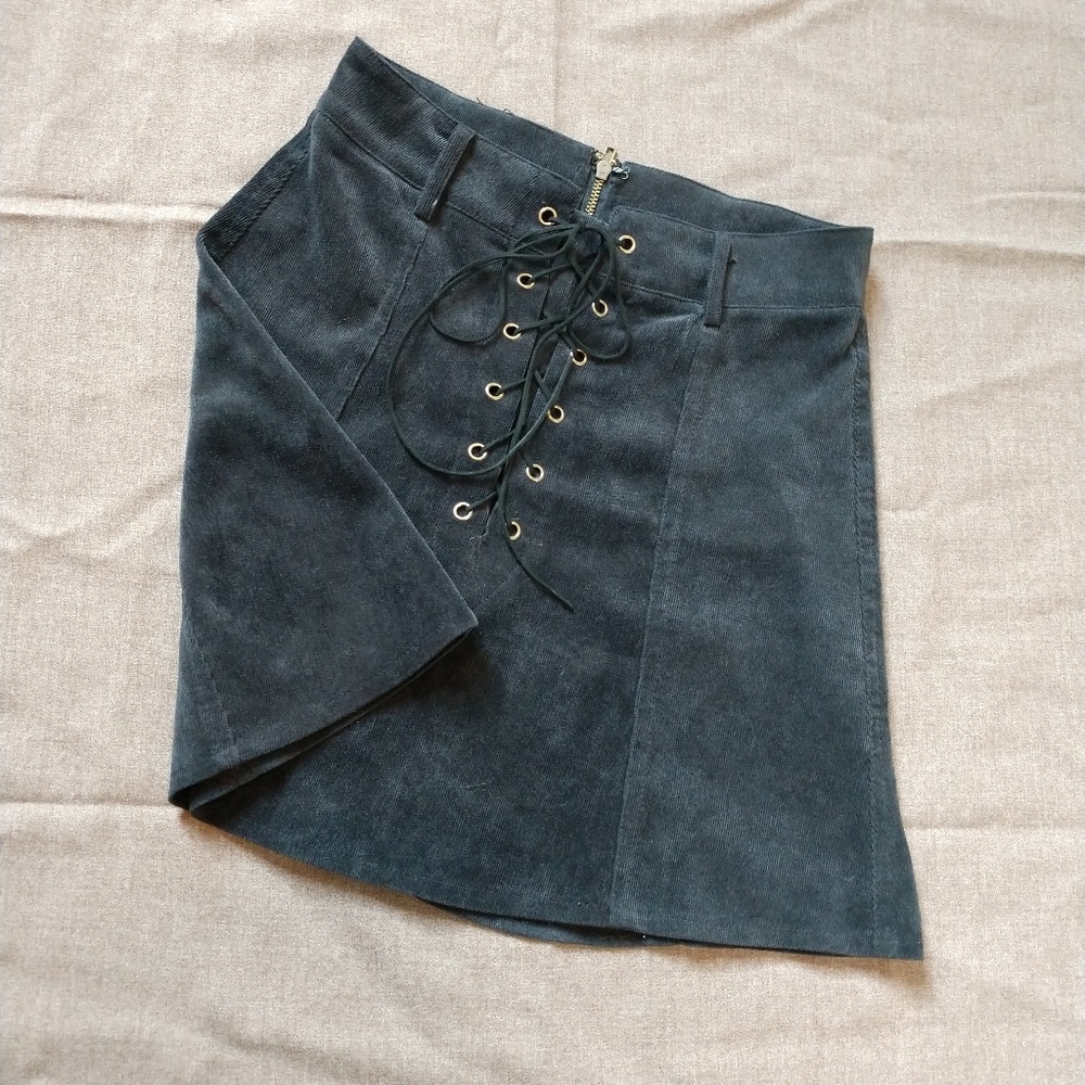 LF One Way Navy Blue Lace Up Courduroy Mini Skirt